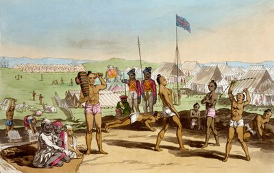 أوخارا مع إطلالة على معسكر المقيم البريطاني ، من "الزي والشخصية والأخلاق والعادات المحلية والاحتفالات الدينية للمهراتس" بواسطة TD Broughton ، النقش بواسطة موسى ، 1813 (كولو بواسطة دين علي